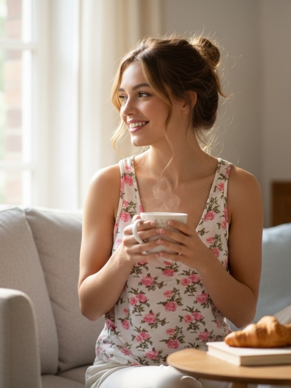 White Floral Tank Top with Pink Roses